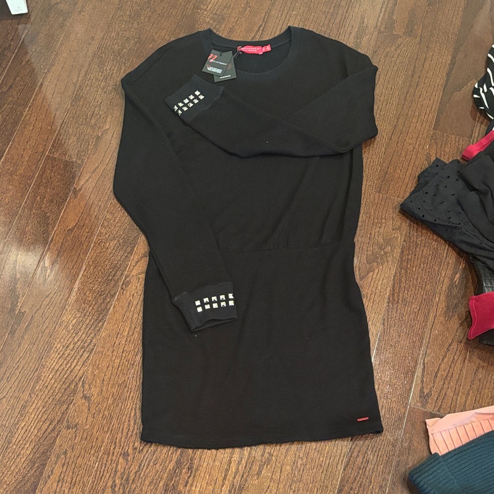 PHILANTHROPY Black Stud-Cuff Knit Dress Sweater